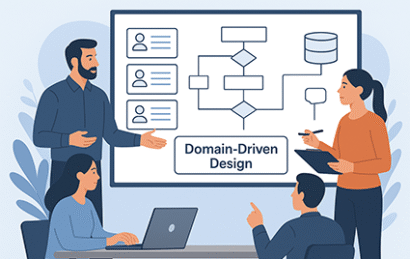 تحلیل نیازمندی‌ها و طراحی دامنه در مهندسی نرم‌افزار با استفاده از User Story و Domain-Driven Design، نمایش تیم توسعه در حال طراحی سیستم پیچیده نرم‌افزاری