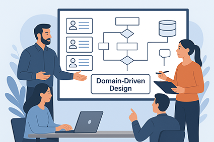 تحلیل نیازمندی‌ها و طراحی دامنه در مهندسی نرم‌افزار با استفاده از User Story و Domain-Driven Design، نمایش تیم توسعه در حال طراحی سیستم پیچیده نرم‌افزاری