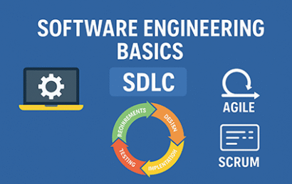 تصویر نمادین آموزش مهندسی نرم‌افزار پایه با نمایش SDLC و مدل‌های فرآیندی Agile، Scrum و DevOps