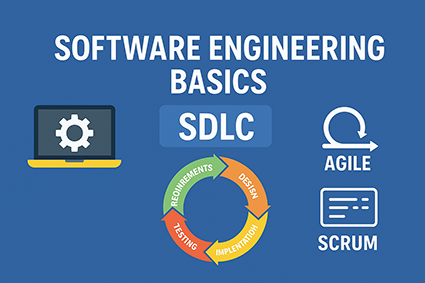 تصویر نمادین آموزش مهندسی نرم‌افزار پایه با نمایش SDLC و مدل‌های فرآیندی Agile، Scrum و DevOps